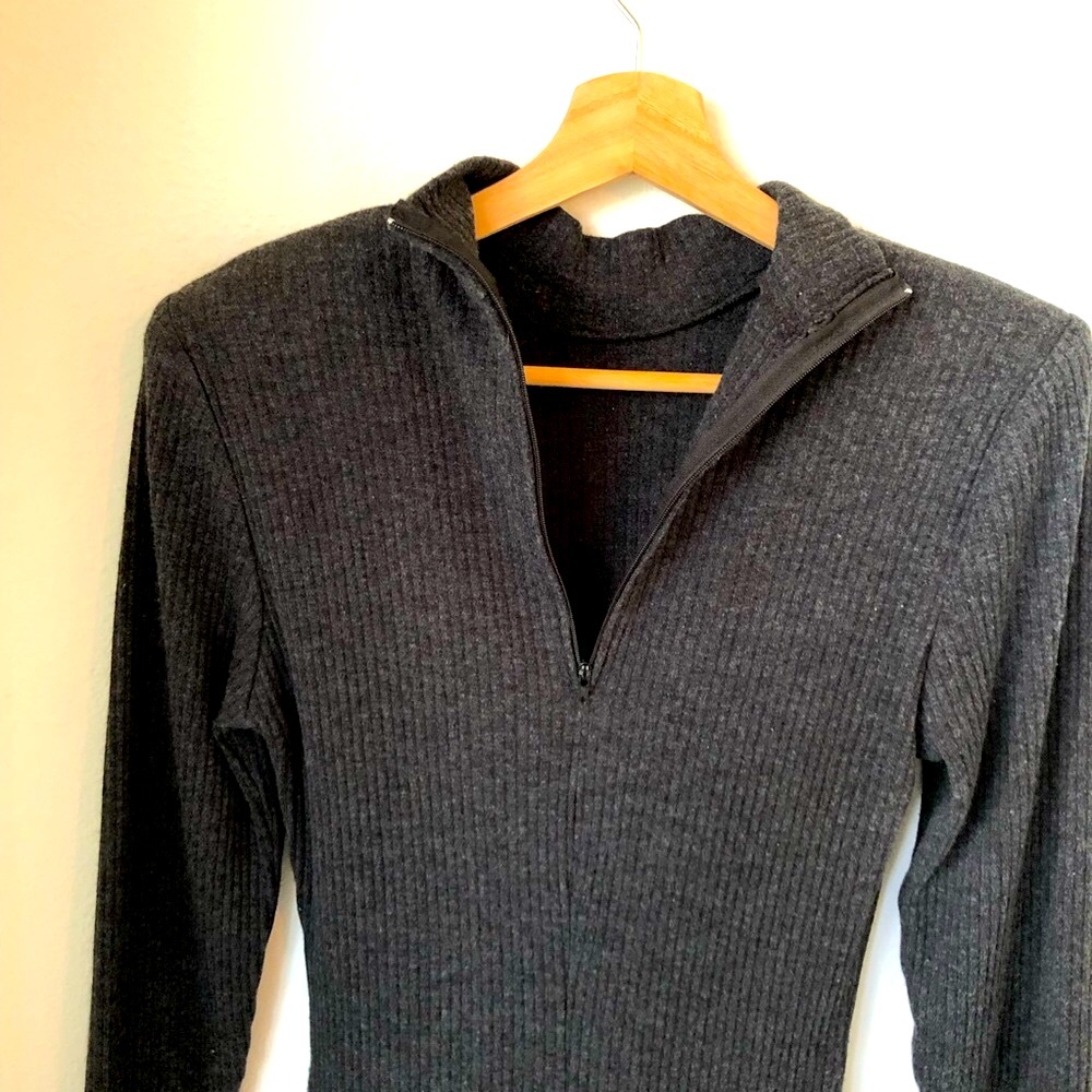 Vintage 80s, Gray, Ribbed Knit, Sweater Dress, Women’s S Long Sleeve, Mock Neck - Picture 6 of 14
